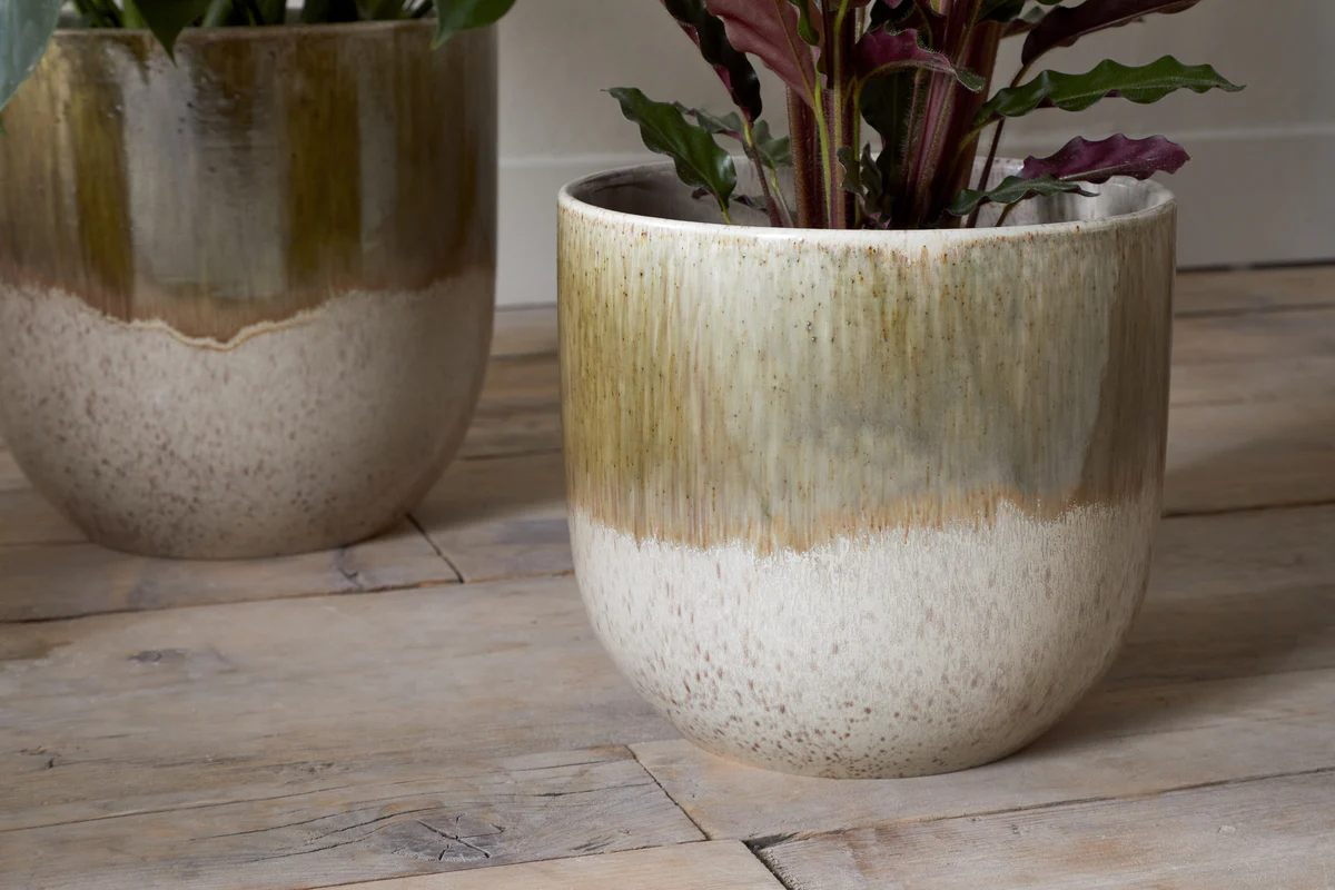 Almeida Reactive Glaze Plant Pot - Olive & Natural - Image 6
