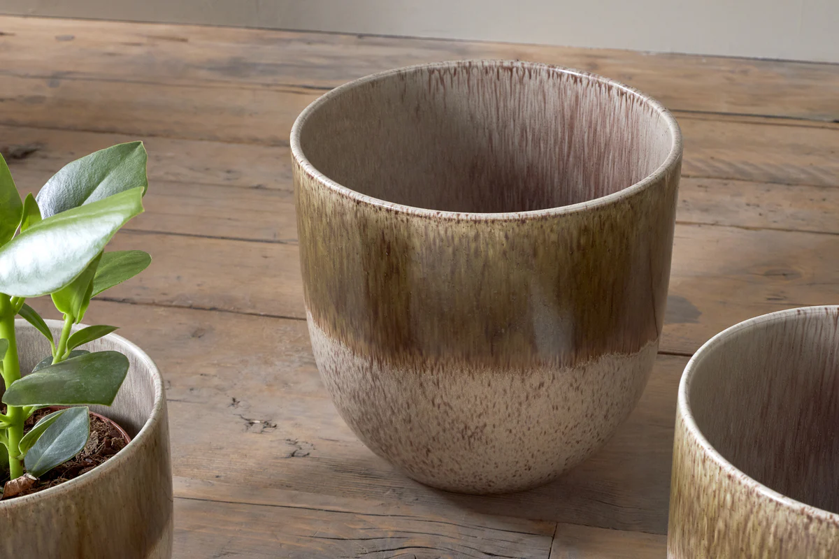 Almeida Reactive Glaze Plant Pot - Olive & Natural - Image 7