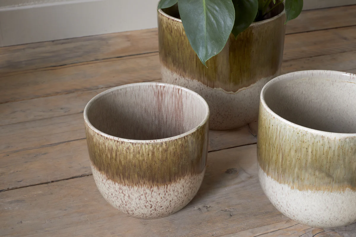 Almeida Reactive Glaze Plant Pot - Olive & Natural - Image 8