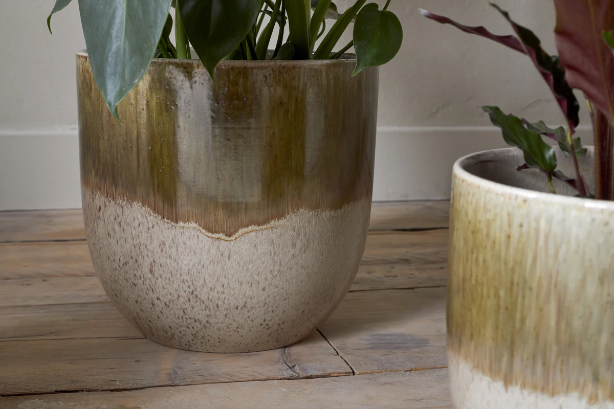 Almeida Reactive Glaze Plant Pot - Olive & Natural - Image 9