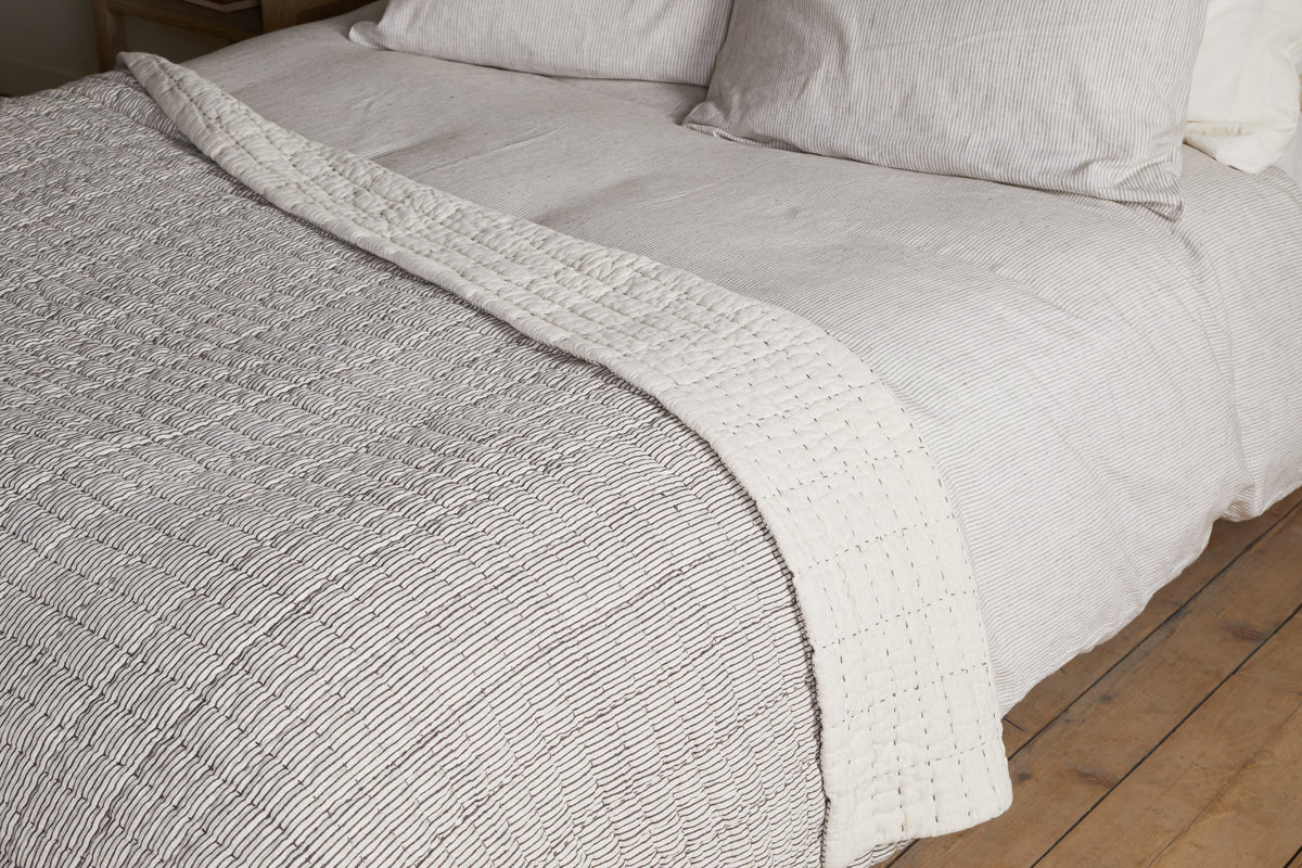 Dipti Cotton & Linen Block Print Bed Quilt - Charcoal - Image 3