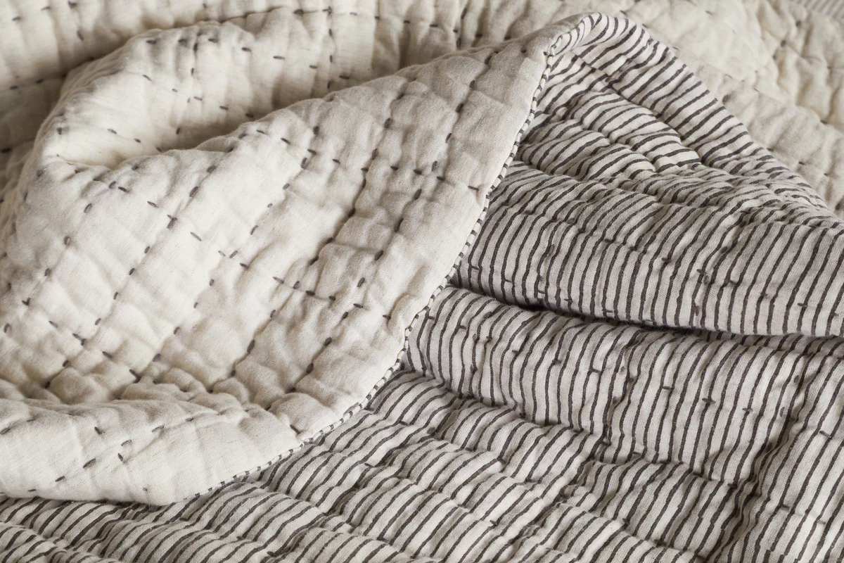 Dipti Cotton & Linen Block Print Bed Quilt - Charcoal - Image 4
