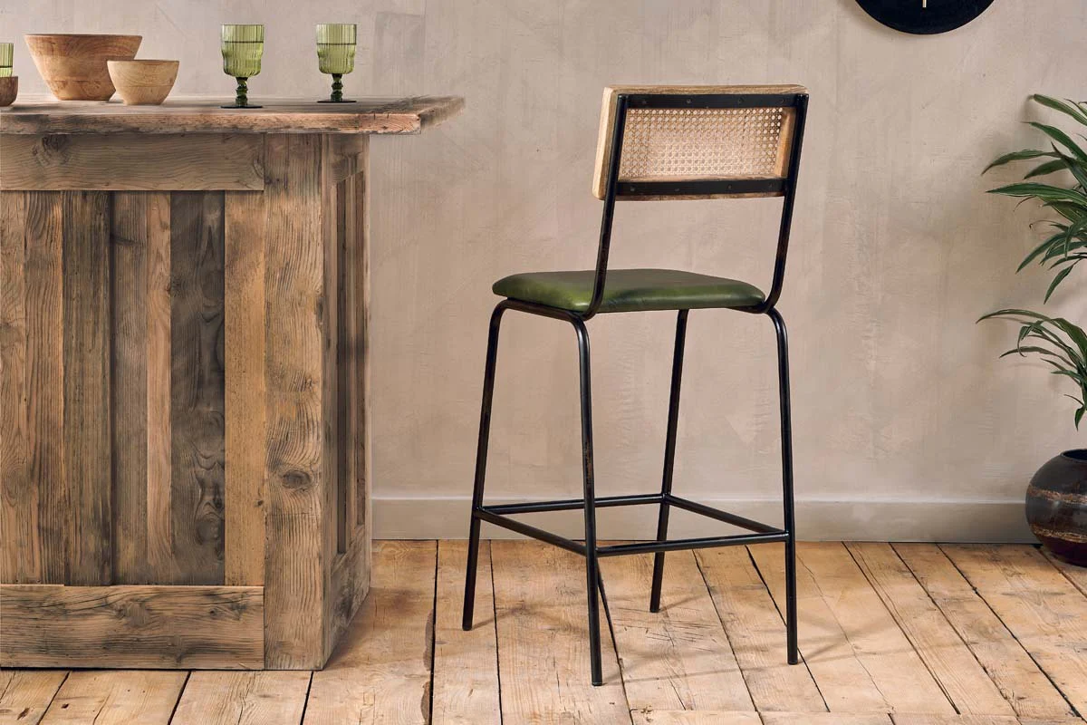 Iswa Leather & Cane Counter Chair - Rich Green - Image 6
