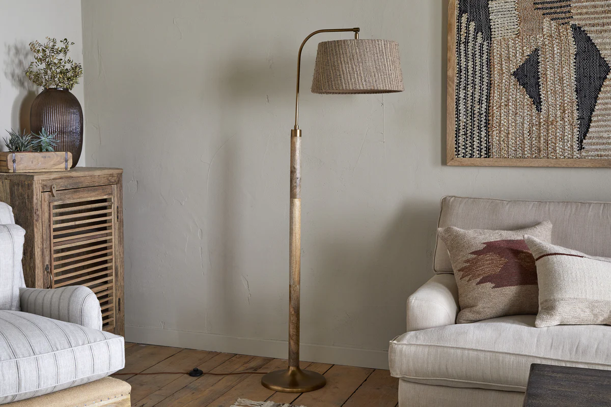 Kera Wood & Metal Floor Lamp - Antique Brass & Natural - Image 2