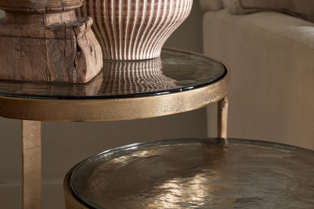 Khidki Cast Metal & Glass Nesting Side Tables - Antique Brass (Set of 2) - Image 3