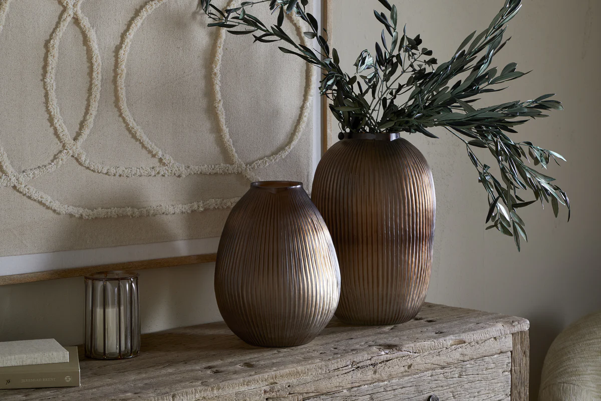 Linsy Ribbed Glass Vase - Smoke Brown