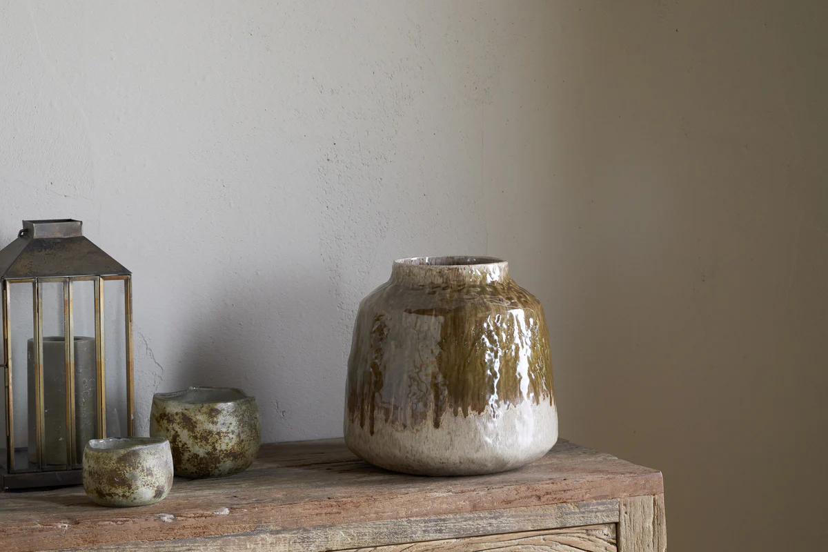 Melina Reactive Glaze Vase - Olive & Natural - Image 2