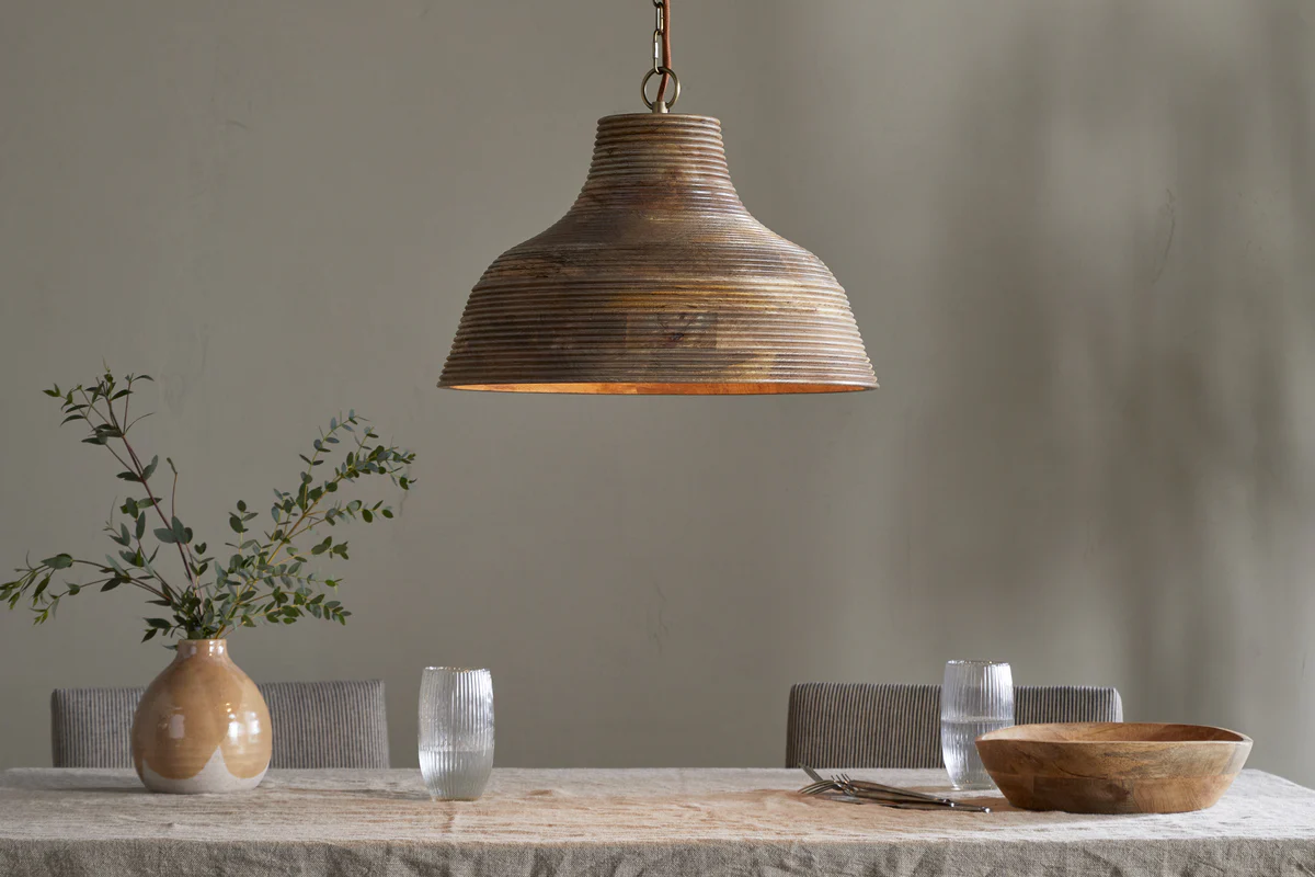 Nadi Grooved Wood Pendant - Natural & Antique Brass