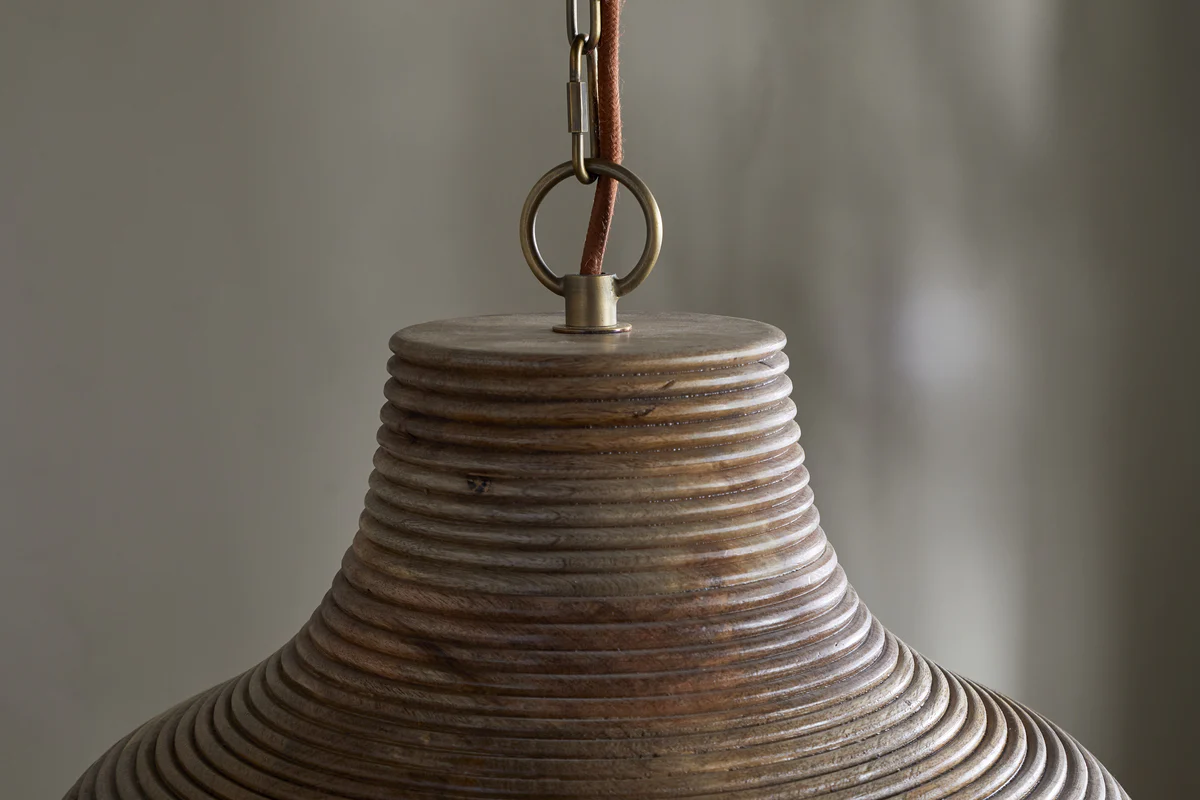 Nadi Grooved Wood Pendant - Natural & Antique Brass - Image 5