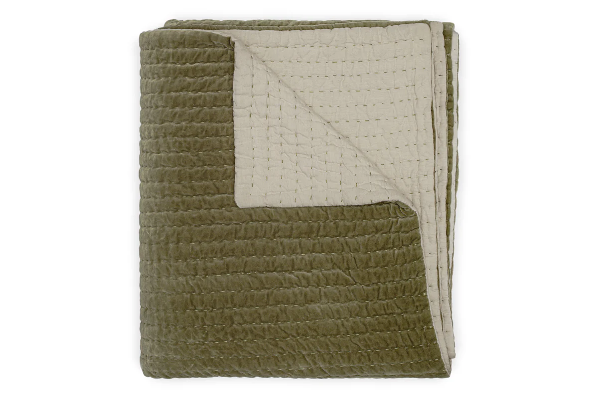 Nidra Velvet & Linen Bed Quilt - Moss - Image 5