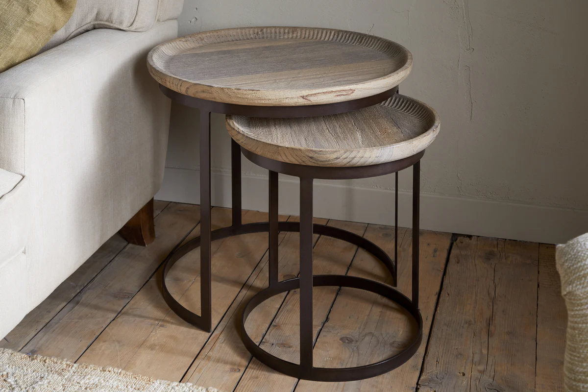 Nisha Carved Reclaimed Wood & Iron Nesting Side Tables - Natural - Image 2