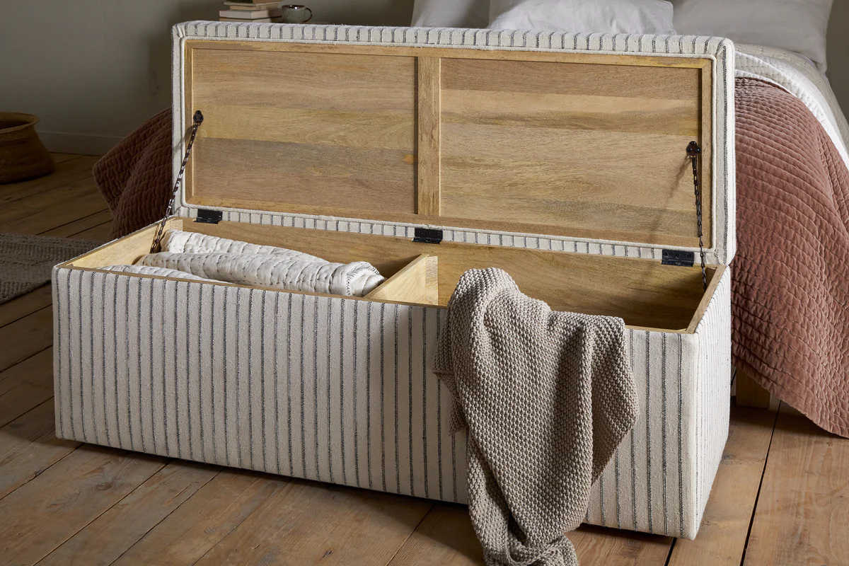 Sanja Stripe Cotton & Linen Upholstered Storage Bench - Grey - Image 3