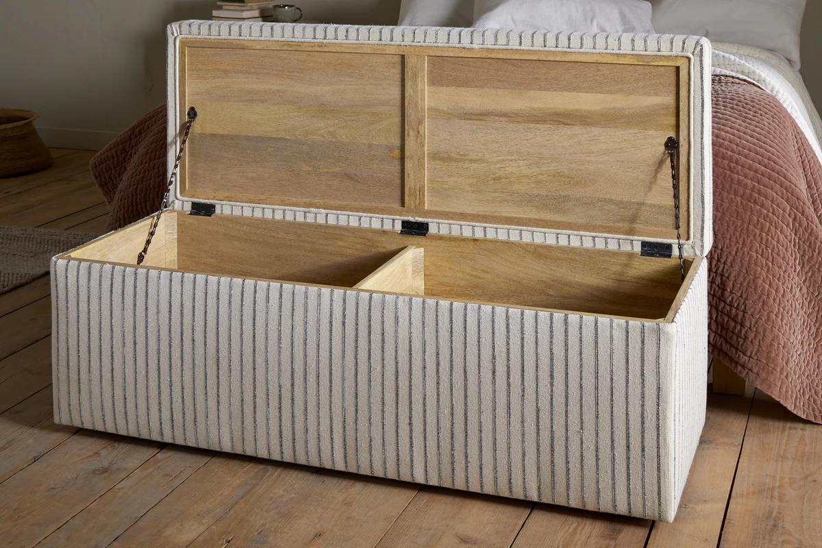 Sanja Stripe Cotton & Linen Upholstered Storage Bench - Grey - Image 4
