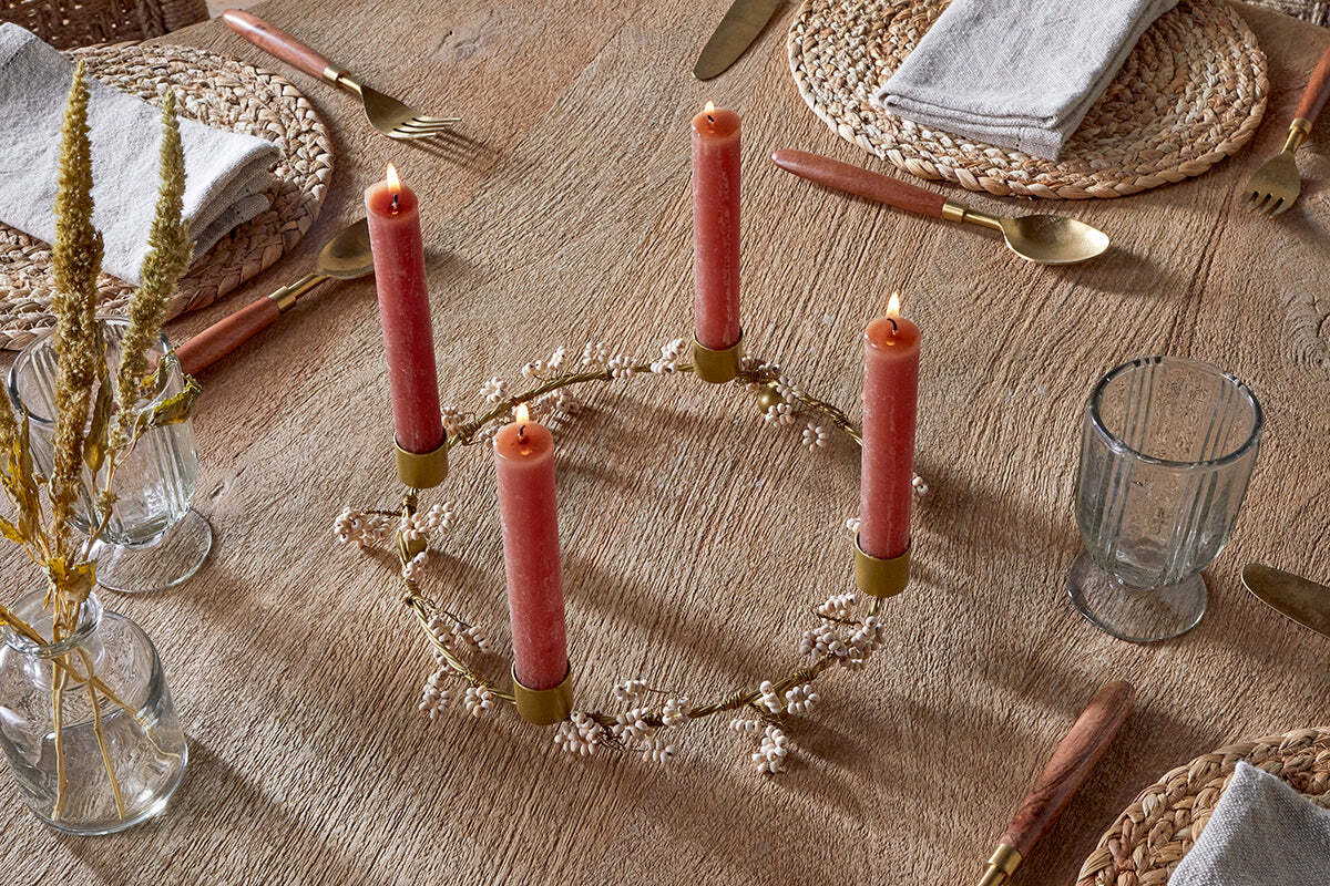 Tanu Mango Wood Beaded Candle Holder - Brass & Natural - Image 3