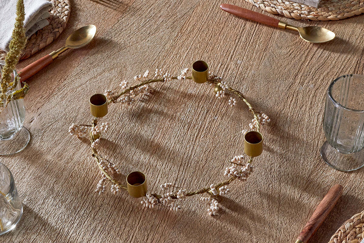 Tanu Mango Wood Beaded Candle Holder - Brass & Natural - Image 5