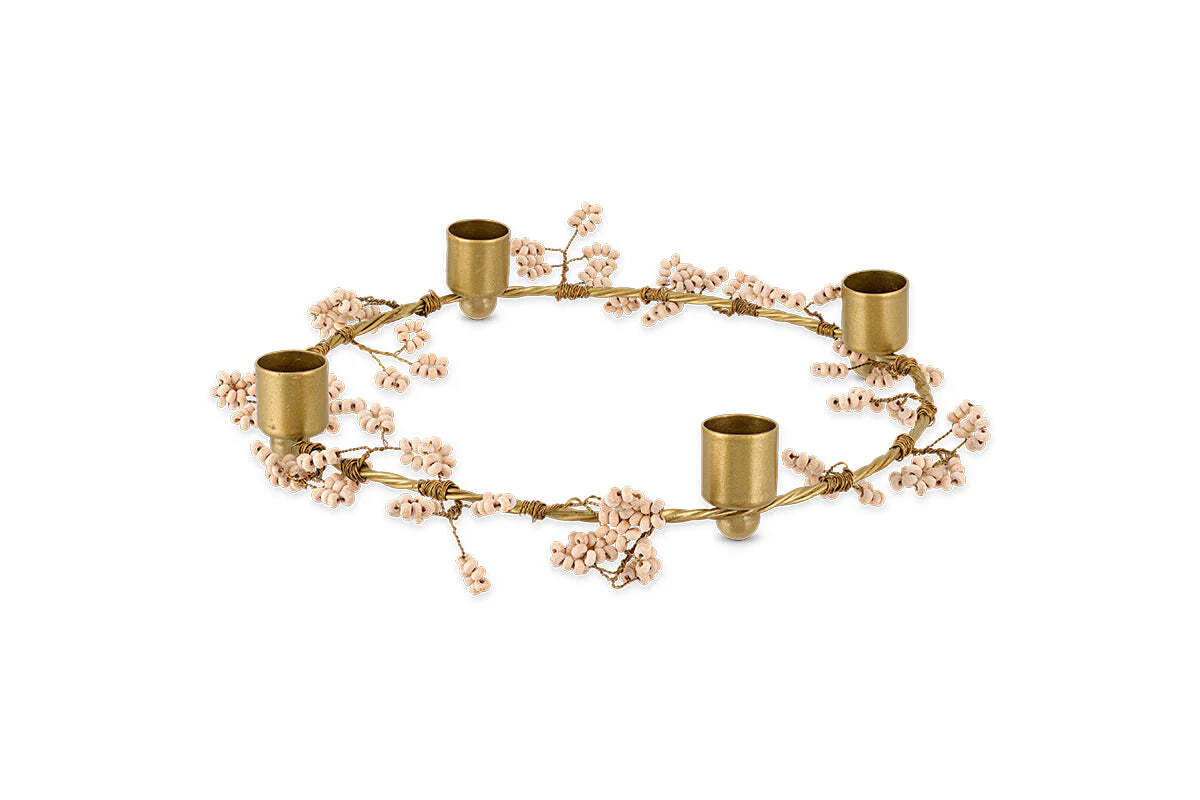 Tanu Mango Wood Beaded Candle Holder - Brass & Natural - Image 7