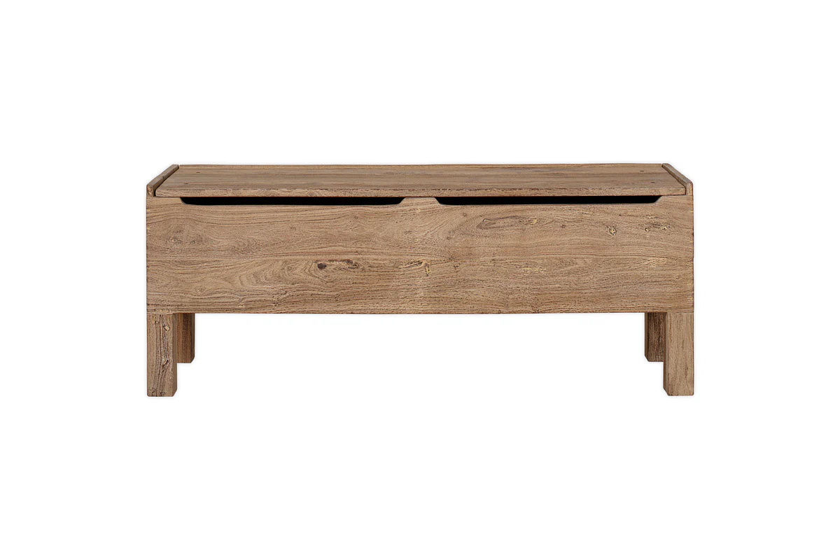 Teni Reclaimed Wood Storage Bench with Upholstered Linen Cushion - Natural - Image 10