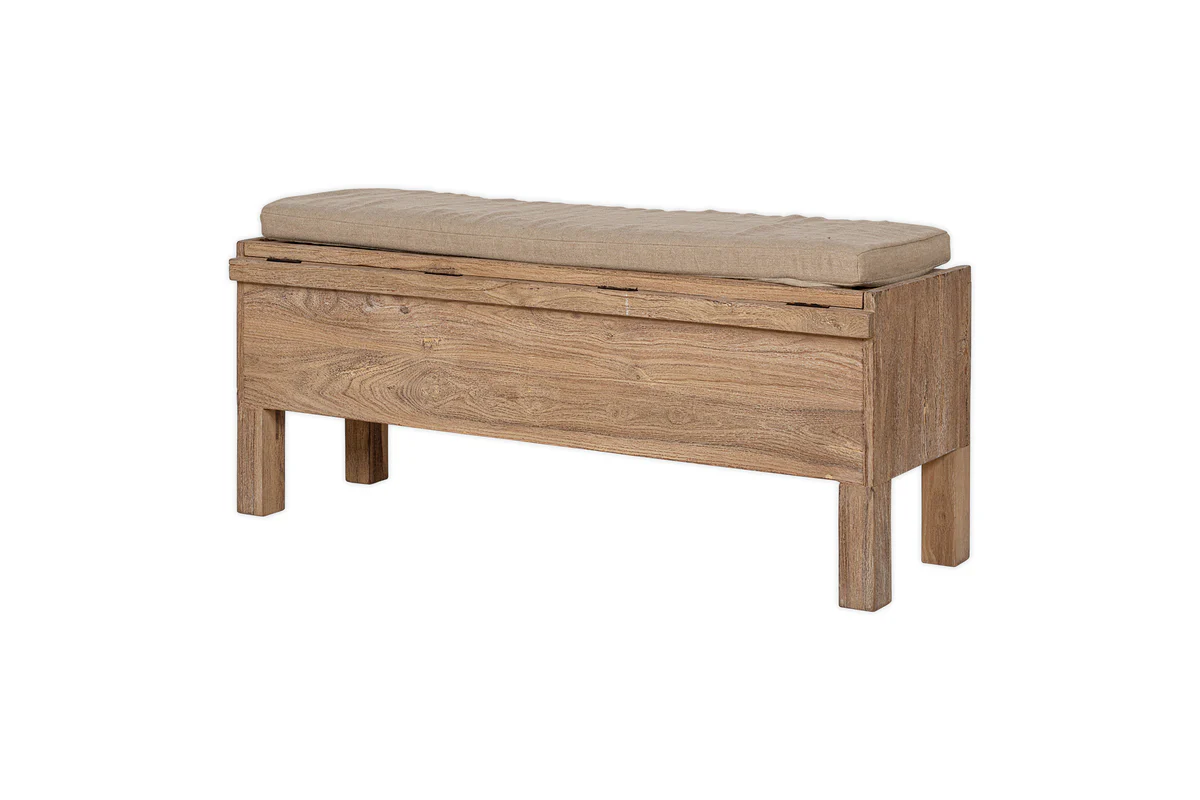 Teni Reclaimed Wood Storage Bench with Upholstered Linen Cushion - Natural - Image 11