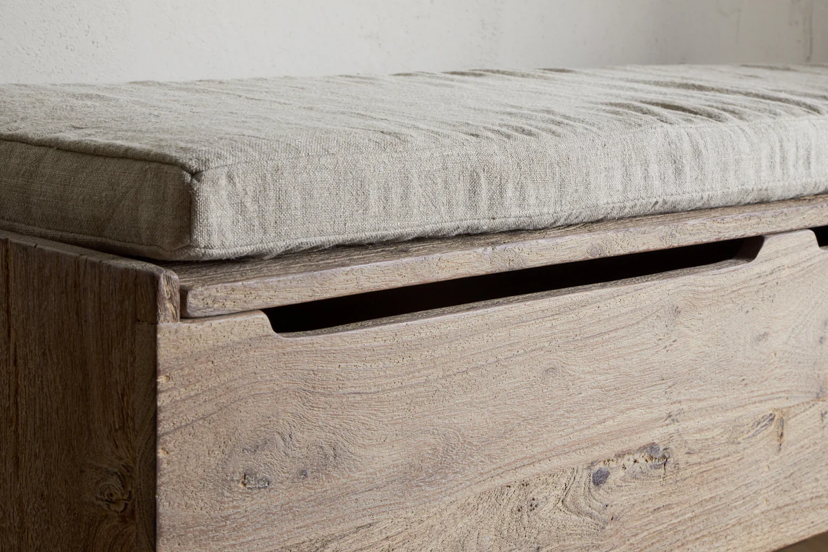 Teni Reclaimed Wood Storage Bench with Upholstered Linen Cushion - Natural - Image 5