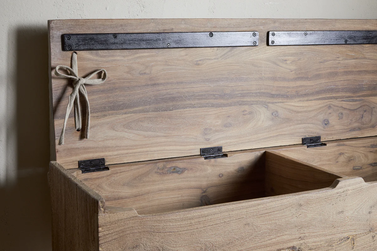 Teni Reclaimed Wood Storage Bench with Upholstered Linen Cushion - Natural - Image 6