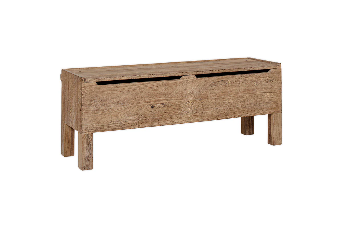 Teni Reclaimed Wood Storage Bench with Upholstered Linen Cushion - Natural - Image 8