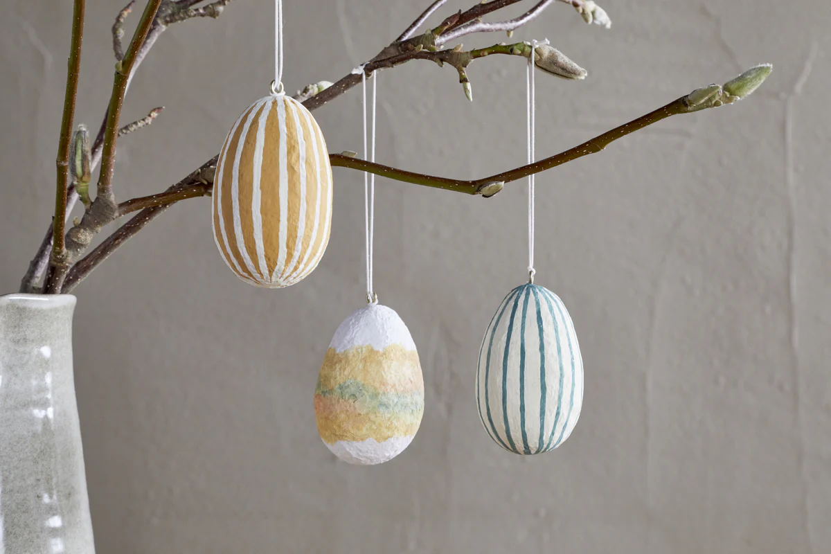 Terra Hand Painted Recycled Cotton Paper Hanging Egg - Teal, Cream & Ochre - (Set of 3)