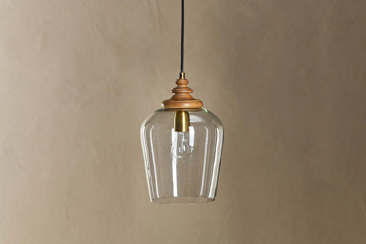 Varuna Mango Wood & Glass Pendant Lamp - Natural & Clear - Image 2